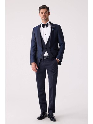 Erkek Lacivert Yelekli Slim Fit Damatlık