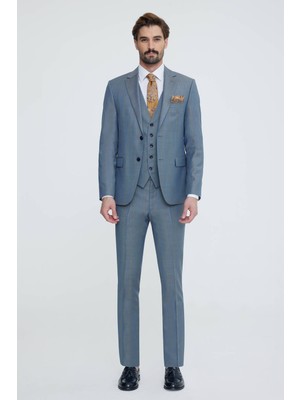 Erkek Gri Mavi Slim Fit Yelekli Takım Elbise