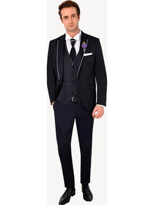Erkek Lacivert Yelekli Mono Yaka Slim Fit Damatlık