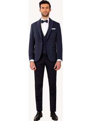 Erkek Lacivert Slim Fit Yelekli Çıkma Şal Yaka Damatlık