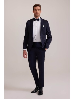 Erkek Lacivert Slim Fit Kırlangıç Yaka Damatlık