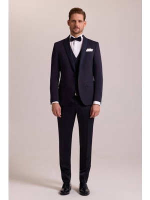Erkek Lacivert Slim Fit Yelekli Damatlık