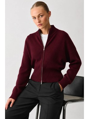 Madmext Bordo Çift Fermuarlı Dik Yaka Kadın Triko Hırka MG2505