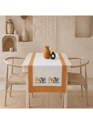 Ödel Buldan Etnik Baskılı Runner, Konsol, Sehpa Örtüsü-Naturel&Hardal
