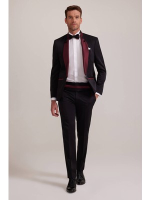 Erkek Bordo Siyah Slim Fit Şal Hakim Yaka Damatlık