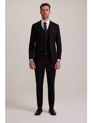 Ysf Erkek Siyah Slim Fit Yelekli Sivri Yaka Takım Elbise