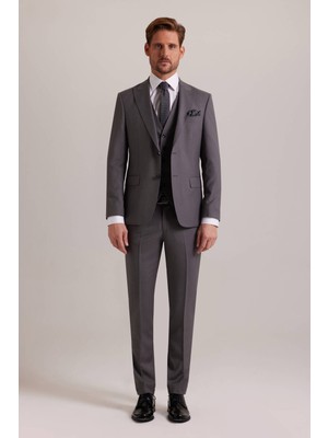 Ysf Erkek Gri Slim Fit Sivri Yaka Yelekli Takım Elbise