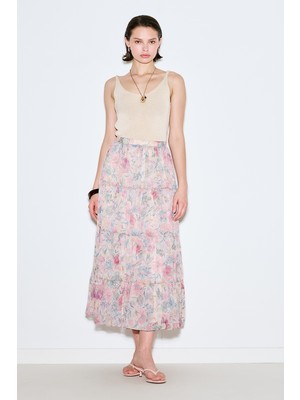 Uzun Büzgülü Şifon Etek Pastel Floral