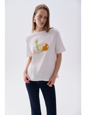 Mudo Kadın Kırık Beyaz Baskılı Bisiklet Yaka T-Shirt