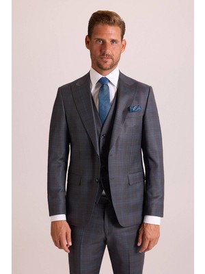 Ysf Erkek Gri Slim Fit Sivri Yaka Yelekli Yün Takım Elbise