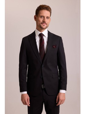 Ysf Erkek Siyah Slim Fit Yünlü Likralı Mono Yaka Takım Elbise