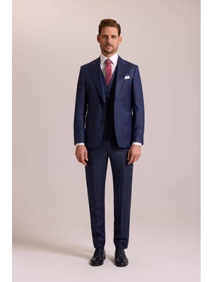 Ysf Erkek Lacivert Slim Fit Sivri Yaka Yelekli Yün Takım Elbise