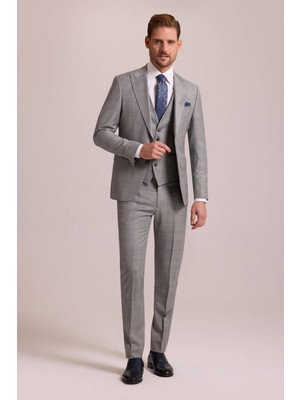 Ysf Erkek Gri Krem Slim Fit Sivri Yaka Yelekli Yün Kareli Takım Elbise