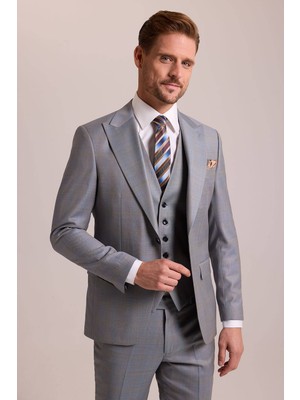 Ysf Erkek Gri Bej Slim Fit Sivri Yaka Yelekli Yün Takım Elbise
