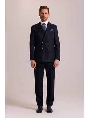 Ysf Erkek Lacivert Regular Fit Çizgili Kruvaze Yün Takım Elbise