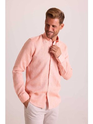 Ysf Erkek Turuncu Yaka Düğmeli Slim Fit Keten Gömlek