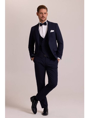 Ysf Erkek Lacivert Slim Fit Likralı Sivri Yaka Yelekli Damatlık