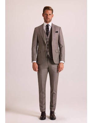 Ysf Erkek Bej Slim Fit Sivri Yaka Yelekli Takım Elbise
