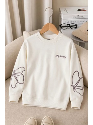Zepkids Kız Çocuk Sweatshirt Uzun Kollu Kahve Rengi Nakışlı Kelebek Desenli Sweatshirt