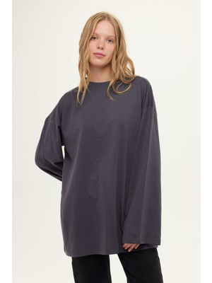 Manuka Kadın Geniş Kol Oversize Antrasit TShirt Uzun Kol Bisiklet Yaka Pamuklu Kumaş