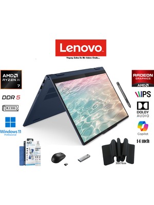 Lenovo ıdeapad 5 2-In-1 Amd Ryzen Aı 7 350 (Yeni Nesil Yapay ZEKA)16GB 1tb SSD W11 Pro 14" Taşınabilir Bilgisayar 83KT004STR Duddi Mouse+Mousepad+Usbbellek+Temizlikkit