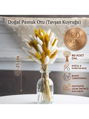 Dekora Çiçek Kurutulmuş Pamuk Otu Tavşan Kuyruğu Gelin Buketi Aranjman Çiçeği Lagurus Doğal ve Turuncu 80 Dal
