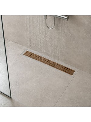 FKN 40 cm Rose Gold Lineer 304 Paslanmaz Çelik Kaplamalı Duş Kanalı Izgara Yer Süzgeci Kare Delikli Koku Önleyici