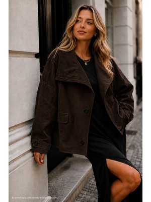 Kadın Koyu Kahve Kadifemsi Dokulu Geniş Kesim Oversize CEKET-0050840367