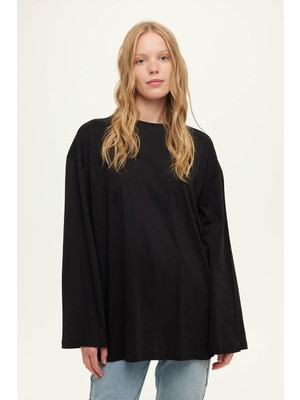 Manuka Kadın Oversıze Siyah Geniş Kol TShirt Günlük Stil Uzun Kol Pamuklu Kumaş