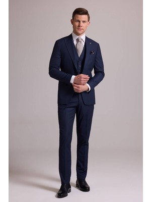 Ysf Erkek Lacivert Slim Fit Yün Karışımlı Sivri Yaka Çizgili Yelekli Takım Elbise