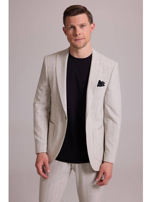 Ysf Erkek Bej Slim Fit Çizgili Tek Düğmeli Jogger Pantolonlu Takım Elbise