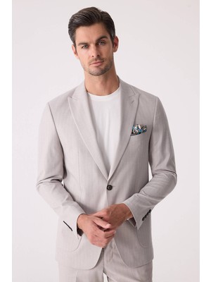 Ysf Erkek Bej Slim Fit Çizgili Torba Cep Jogger Pantolonlu Sivri Yaka Takım Elbise