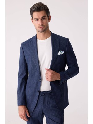 Ysf Erkek Mavi Slim Fit Çizgili Torba Cep Jogger Pantolonlu Sivri Yaka Takım Elbise