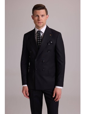 Ysf Erkek Siyah Slim Fit Çizgili Kruvaze Yün Takım Elbise
