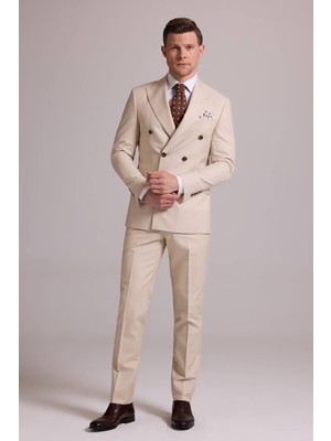 Ysf Erkek Krem Slim Fit Kruvaze Yün Takım Elbise