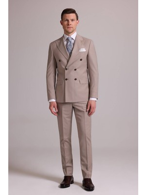 Ysf Erkek Krem Slim Fit Kruvaze %100 Yün Takım Elbise