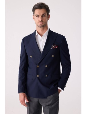 Ysf Erkek Lacivert Slim Fit Yün Puntolu Kruvaze Blazer Ceket