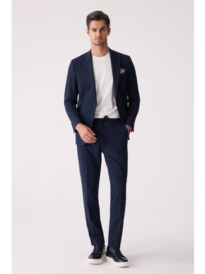 Ysf Erkek Lacivert Slim Fit Torba Cep Çizgili Jogger Pantolonlu Sivri Yaka Takım Elbise