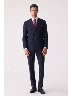 Ysf Erkek Lacivert Çizgili Slim Fit Kruvaze Takım Elbise