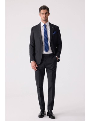 Ysf Erkek Siyah Slim Fit Çizgili %100 Yün Takım Elbise