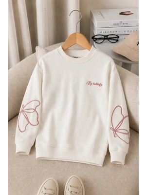 Zepkids Kız Çocuk Sweatshirt Uzun Kollu Gül Kurusu Rengi Nakışlı Kelebek Desenli Sweatshirt