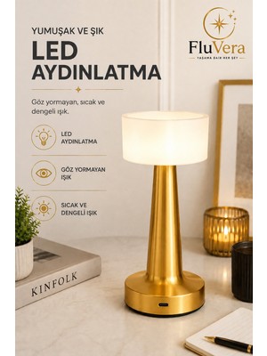 Fluvera Gold Şarjlı LED Masa Lambası Kablosuz Dokunmatik Taşınabilir Dekoratif Gece Lambası Usb-C