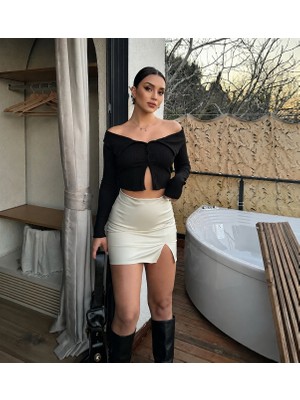 Modabella Yüksek Bel Deri Görünümlü Mini Etek