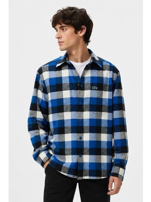 Lacoste Men's Loose Fit Button-Down Linen Shirt  Rahat Kesim Pamuklu Kareli Erkek Gömlek Mavi