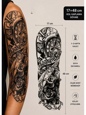 Çılgıntrend Büyük Boy Geçici Kol Kaplama Dövme - Saat ve Gül Desenli Suya Dayanıklı Tattoo