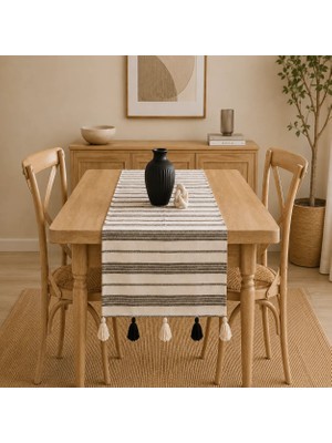Ödel Buldan Çizgili Buldan Keteni,Püsküllü Runner, Konsol, Sehpa Örtüsü-Naturel&Siyah