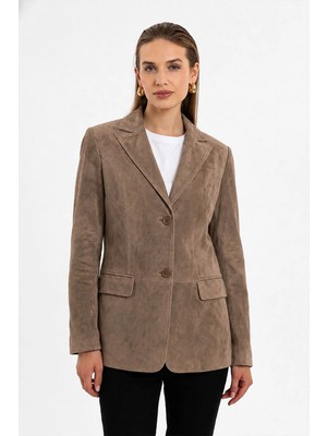 Deriderim Louisa Camel Blazer Kadın Hakiki Süet Ceket