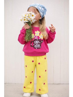 Miniğimin Cicileri Çiçek Baskılı Sweatshirt Puantiyeli Pantolon Kız Çocuk 2’li Takım - Fuşya