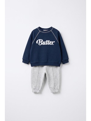 Magu Bebek Pamuklu Butter Baskılı Lacivert Sweatshirt ve Gri Eşofman Altı Takımı