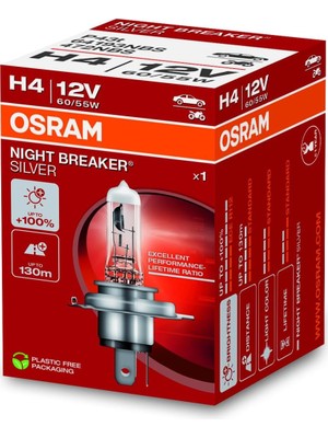 Sh Ticaret Ampul Night Breaker Silver H4 12V 60/55W%100'YE Kadar Fazla Işık 130M'YE Kadar Fazla Görüş Aç